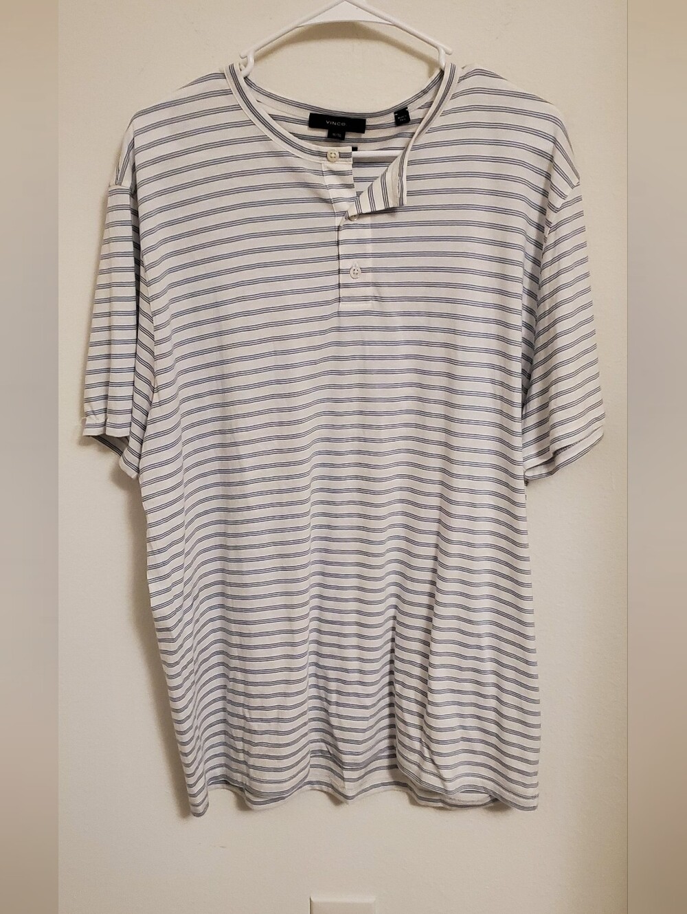 Vince Men's Short-Sleeve Henley Shirt -White Gray Stripes 100% Pima Cotton